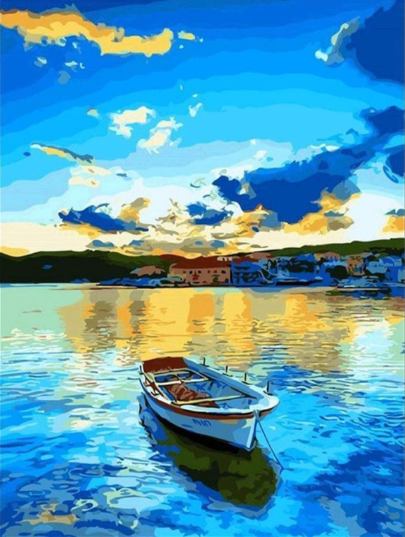 Boat on a lake - Full Drill Diamond Painting - Specially ordered for you. Delivery is approximately 4 - 6 weeks.