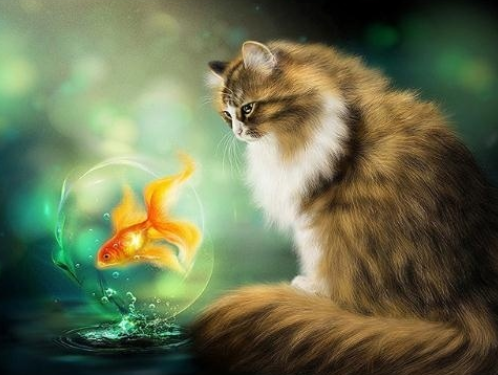 Cat And Goldfish- Full Drill Diamond Painting - Specially ordered for you. Delivery is approximately 4 - 6 weeks.