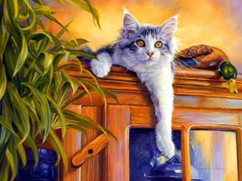 Cat On Cupboard- Full Drill Diamond Painting - Specially ordered for you. Delivery is approximately 4 - 6 weeks.